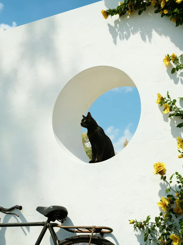 Chat noir dans une fenêtre ronde sur un mur blanc fleuri