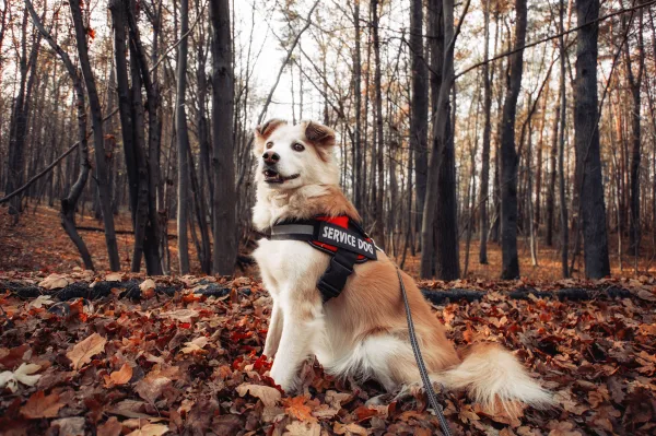 Chien d’assistance assis dans une forêt automnale