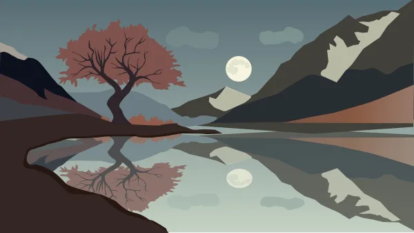 Illustration d’un arbre solitaire au bord d’un lac entouré de montagnes