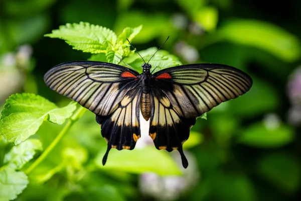 Papillon exotique aux ailes déployées sur une feuille verte