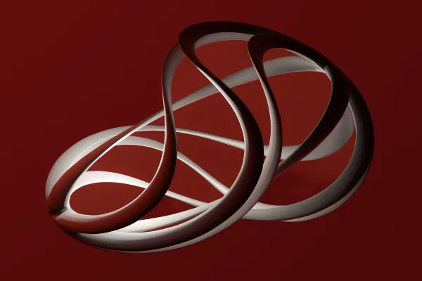 Art abstrait moderne aux formes entrelacées sur fond rouge