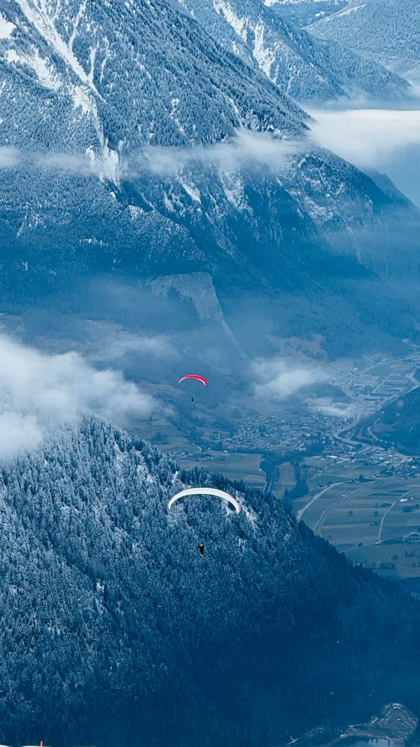 Parapentes au-dessus de montagnes enneigées et d’une vallée alpine