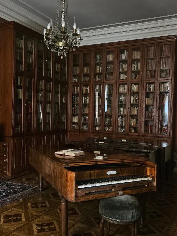Bibliothèque ancienne avec piano à queue dans un intérieur élégant