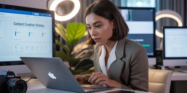 Créatrice de contenu analysant les performances de sa stratégie digitale