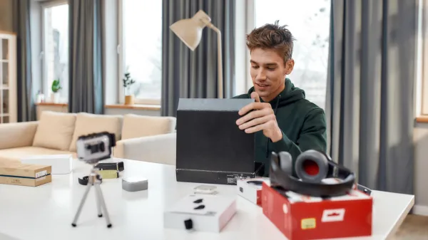 Créateur de contenu réalisant une vidéo de déballage (unboxing) d'un produit technologique
