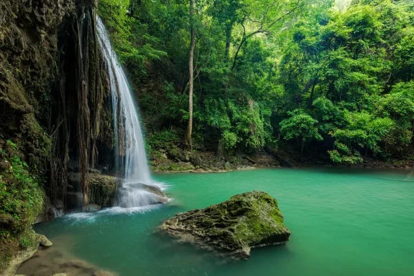 Cascade tropicale se jetant dans un lagon turquoise au cœur d'une forêt luxuriante