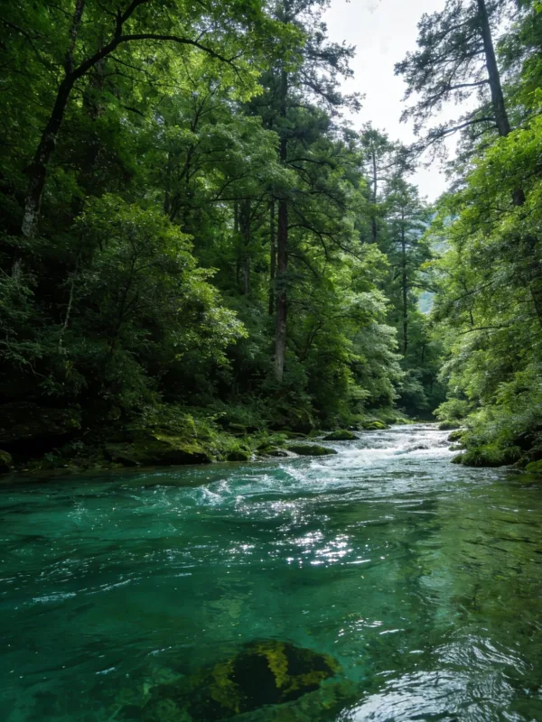 Rivière d'eau cristalline traversant une forêt verdoyante luxuriante