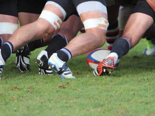 Mêlée de rugby en plein match sur terrain en herbe