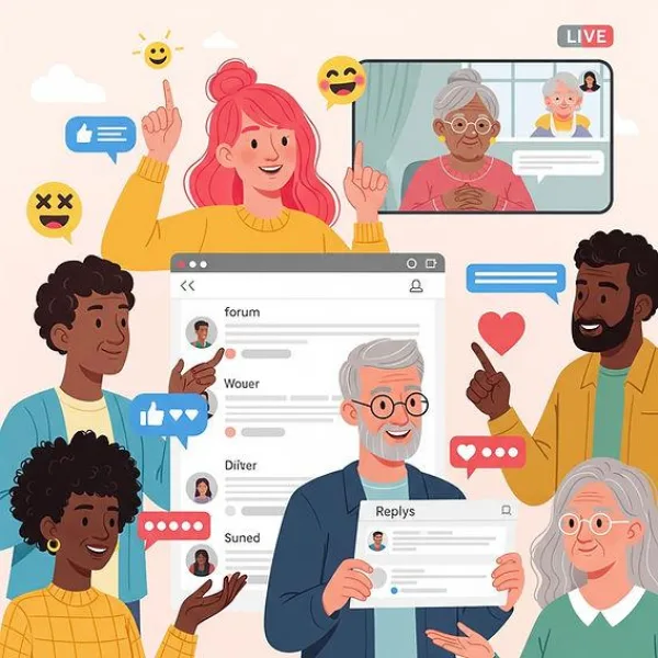 Illustration d'une communauté active échangeant sur les réseaux sociaux et en visioconférence