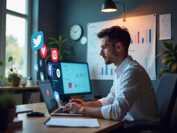 Professionnel du marketing digital analysant les performances des réseaux sociaux