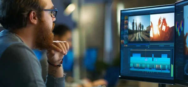 Monteur vidéo professionnel éditant un projet sur un logiciel de montage