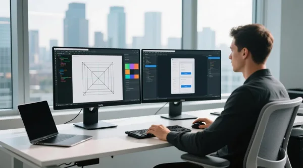 Développeur UI/UX travaillant sur une interface d'application avec une configuration à double écran