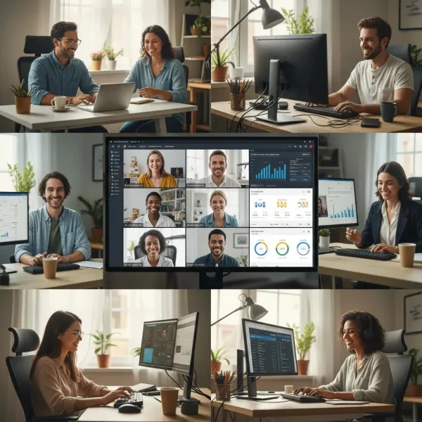 Collage illustrant le télétravail, les réunions en visioconférence et la collaboration des équipes à distance