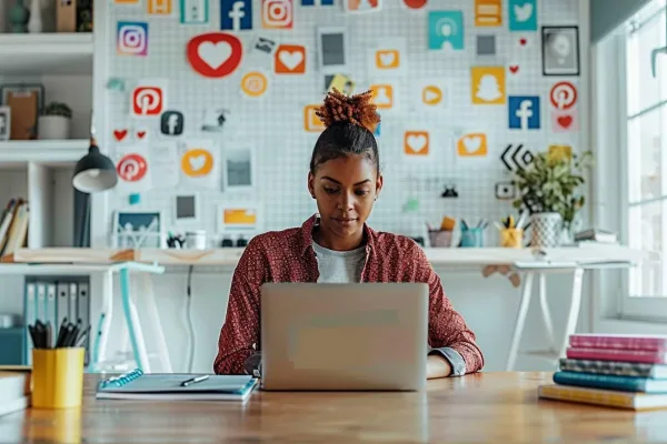 Community manager travaillant sur un ordinateur portable dans un bureau dédié aux réseaux sociaux