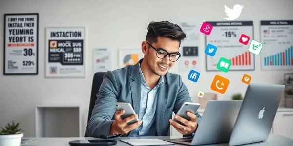 Community manager utilisant plusieurs smartphones pour gérer les réseaux sociaux