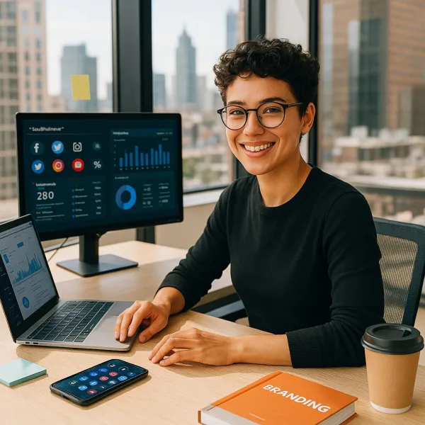 Community manager analysant les performances des réseaux sociaux dans un bureau moderne