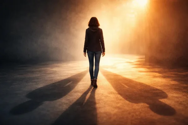 Silhouette marchant vers la lumière, symbole de confiance en soi, de résilience et de nouveau départ