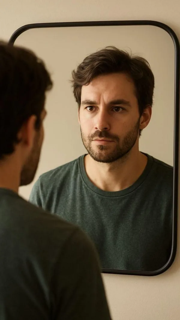 Homme face à son reflet dans un miroir, symbole d'introspection, d'estime de soi et de confiance personnelle