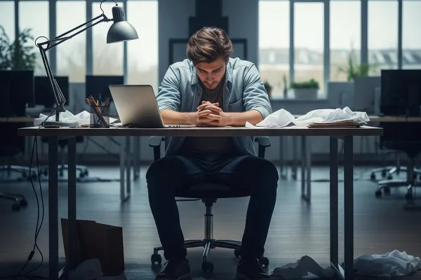 Homme découragé au bureau face à l'échec professionnel et au stress au travail