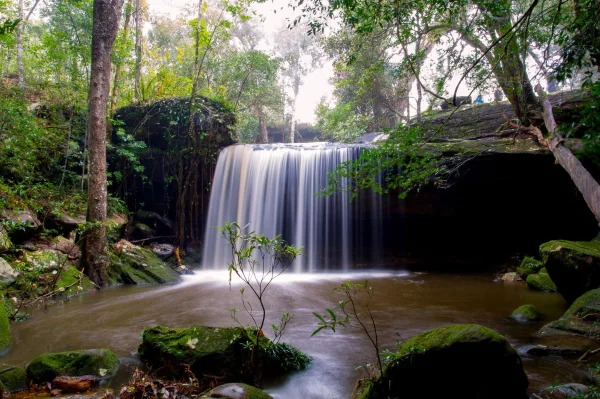 Cascade en pleine forêt tropicale avec bassin naturel et rochers moussus