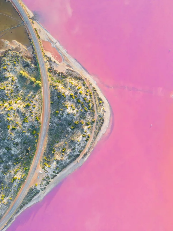 Vue aérienne d'un lac rose spectaculaire et route côtière