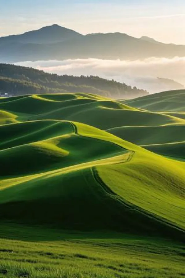 Collines verdoyantes ondulantes au lever du soleil avec montagnes en arrière-plan
