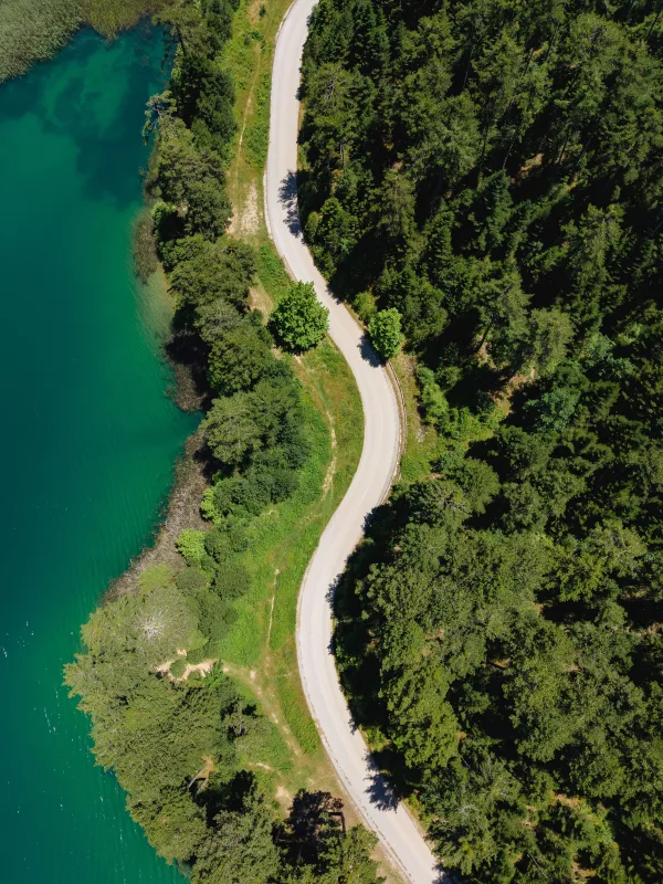 Vue aérienne d'une route sinueuse longeant un lac au cœur d'une forêt verdoyante